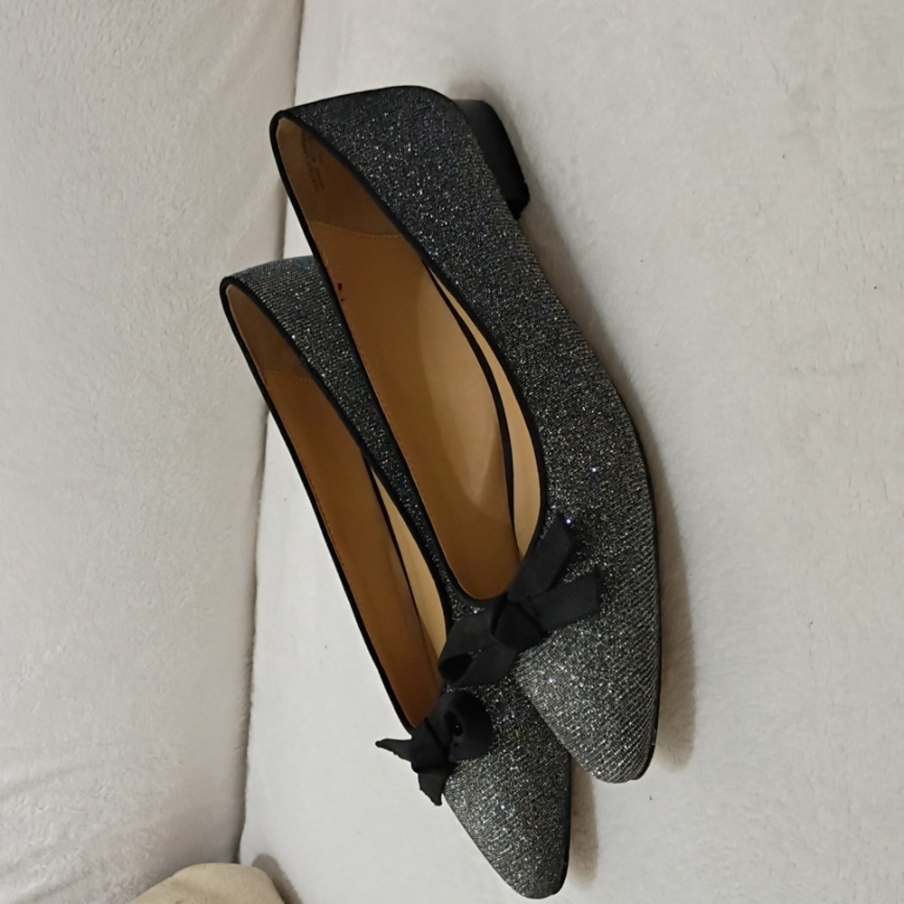 Talbots Silver Glitter Pointed Toe Flats with Black Bow Trim